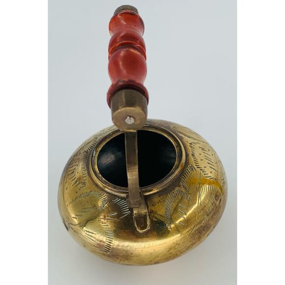 Vintage Brass Tea Kettle Teapot Etched Legs Wood Handle Mini India Missing Lid - Picture 4 of 12